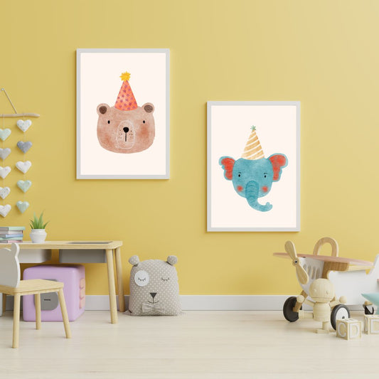 2'li Parti Hayvanları Çocuk Odası Tablo Seti - Ayıcık ve Fil Temalı Doğum Günü Dekoratif Poster