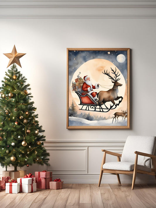 Noel Baba ve Geyiği Temalı Tablo/Poster - Yılbaşı/Kış Sezonu Duvar Dekoru - Çerçeveli/Çerçevesiz
