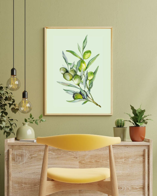 Suluboya efektli yeşil zeytin dalı illüstrasyonu sanatsal baskı detay çekimi