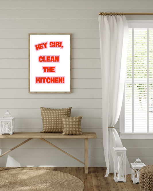 Kırmızı ve pembe tonlarında "Hey Siri, Clean the Kitchen!" tipografi ve renk detay çekimi