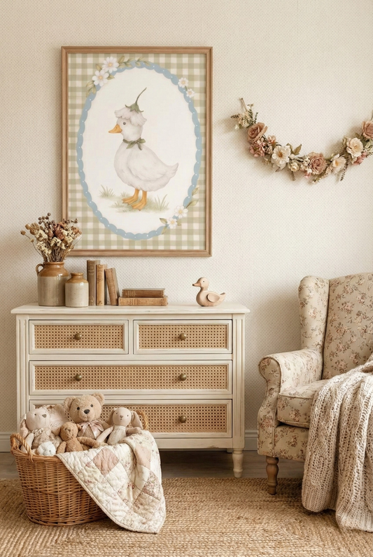 Başında zarif bir çiçek taşıyan sevimli beyaz ördek figürünün masalsı sanatsal illüstrasyonu.