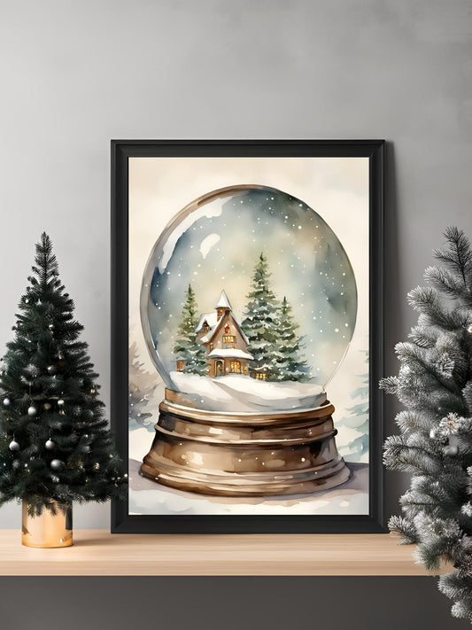 Kar küresi içindeki kış evi ve çam ağaçları suluboya illüstrasyonu sanatsal baskı detay çekimi