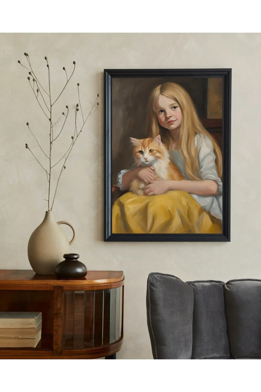 Kız Çocuk ve Kedi Temalı Klasik Portre Tarzı Tablo - Yağlı Boya Efektli Modern Duvar Dekoru