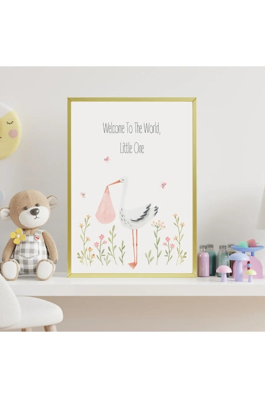 Leylek ve Bebek Temalı Tablo/Poster - "Welcome To The World" Yeni Doğan Bebek Odası Duvar Dekoru