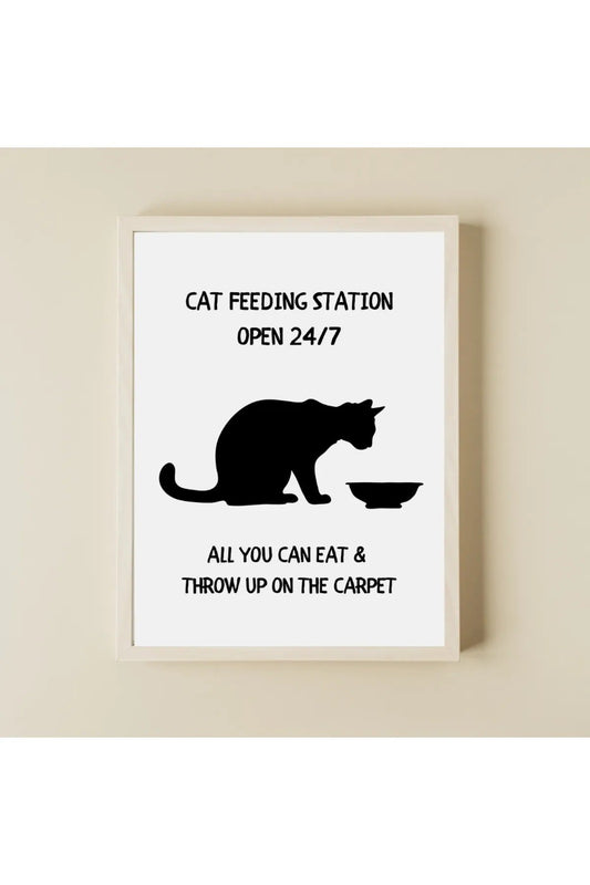 "Cat Feeding Station" Yazılı Komik Kedi Poster/Tablo - Mama Bölgesi Duvar Dekoru