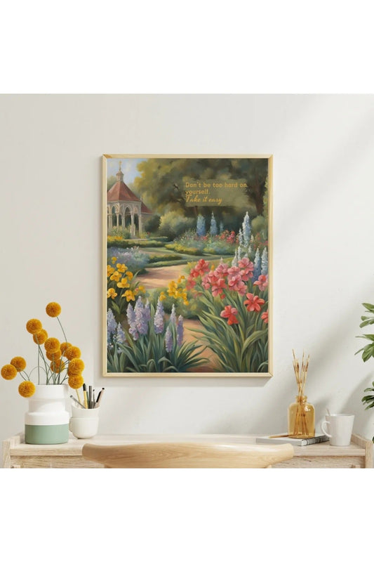 Bahçe ve Köşk Manzaralı Motivasyon Posteri - "Don't Be Too Hard On Yourself" Salon/Ofis Dekoru