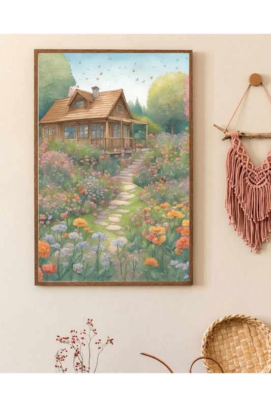 2'li Bahçeli Ev ve Motivasyon Tablosu Seti - "World Is A Garden" Salon Duvar Dekoru
