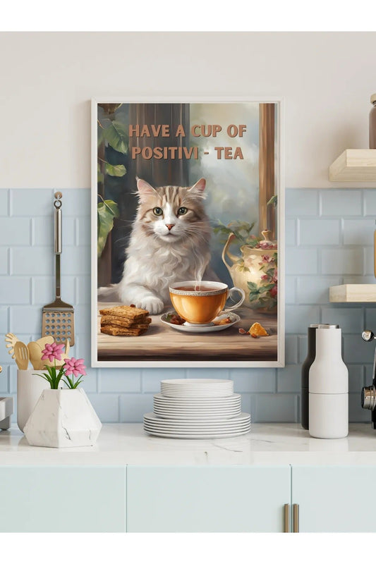 Kedi ve Çay/Kahve Temalı Motivasyon Tablosu - "Have A Cup Of Positivi-Tea" Mutfak Dekoru