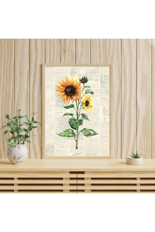 2'li Ayçiçeği ve Kelebek Temalı Vintage Poster Seti - Gazete Fonlu Doğa Temalı Salon Dekoru