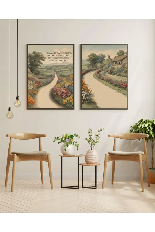 2'li Van Gogh Tarzı Kır Yolu ve Çiçekli Kır Evi Tablo Seti - Sanatsal Salon Duvar Dekoru