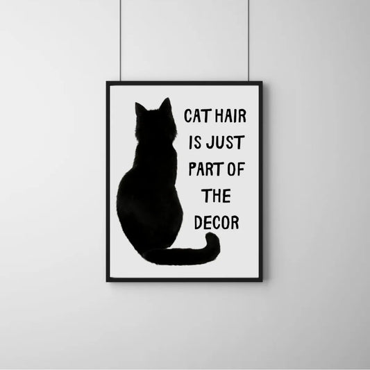 Siyah kedi silueti ve modern tipografi içeren esprili poster detay çekimi