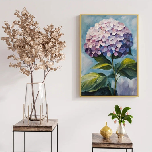 Mavi ve mor ortanca çiçeği posteri yüksek çözünürlüklü baskı ve fırça darbesi detayı