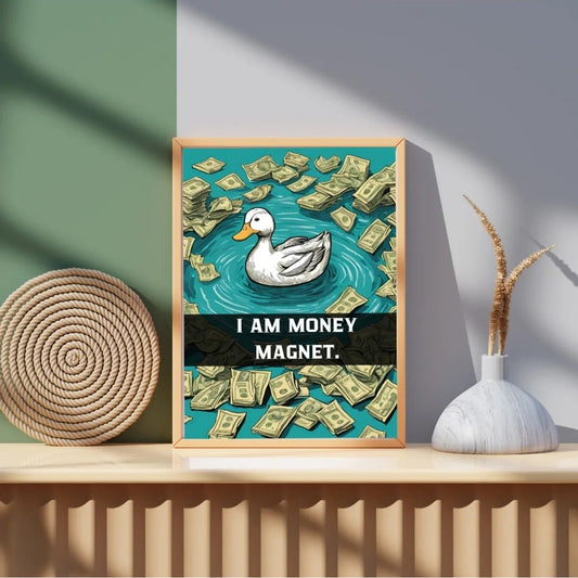 Paralar içinde yüzen ördek illüstrasyonu ve "I Am Money Magnet" yazı detayı sanatsal baskı