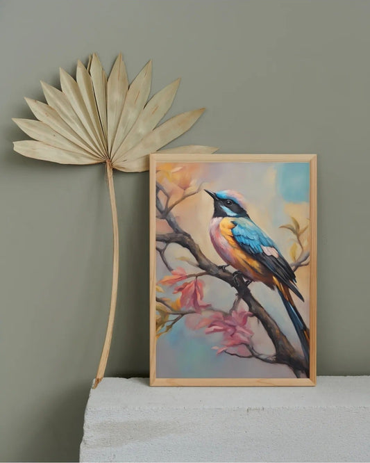 Sanatsal fırça darbeleriyle hazırlanmış renkli kuş ve pembe bahar çiçekleri detay çekimi