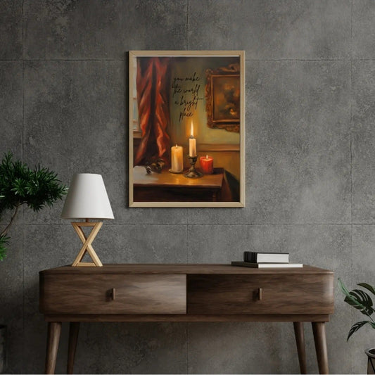 Yağlı boya dokulu yanan mumlar ve el yazısı tarzında motivasyonel söz detay çekimi