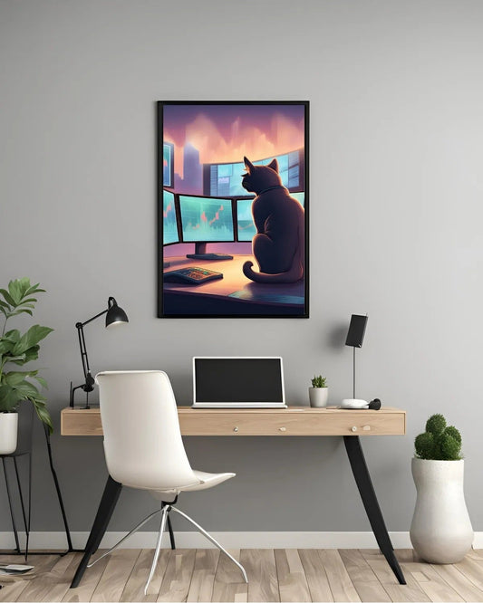 Borsa grafiklerini takip eden siyah kedi illüstrasyonu sanatsal detay çekimi