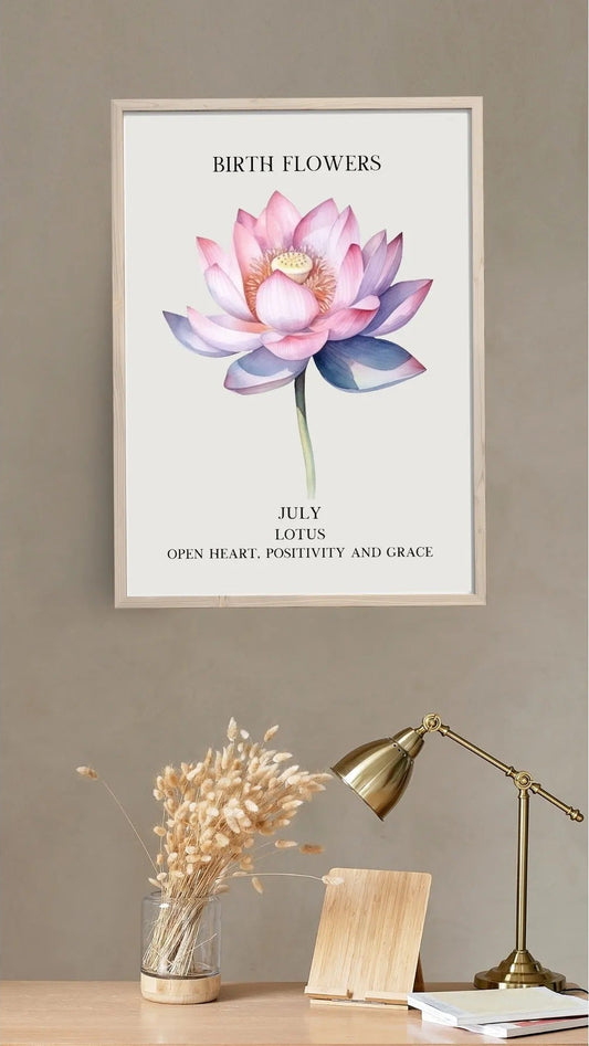 Pembe Lotus illüstrasyonu ve "Open Heart, Positivity and Grace" yazılı sanatsal poster detay çekimi