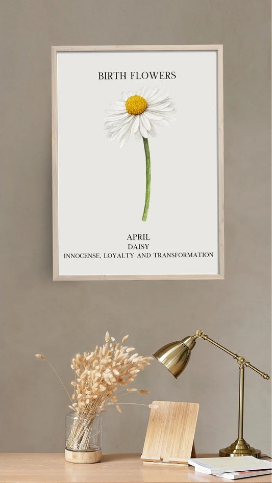 Beyaz papatya illüstrasyonu ve "Innocence, Loyalty and Transformation" yazılı sanatsal poster detay çekimi