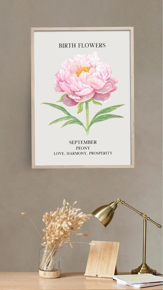 Pembe Peony illüstrasyonu ve "Love, Harmony, Prosperity" yazılı sanatsal poster detay çekimi