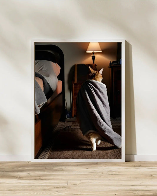 Alarm saati eşliğinde uyuyan kedi posteri yüksek çözünürlüklü sanatsal baskı detayı