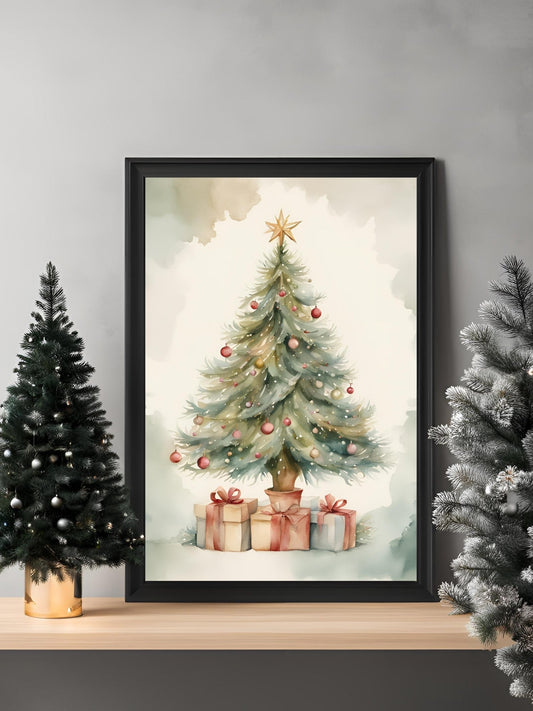 Suluboya yılbaşı ağacı altındaki hediye paketleri ve sanatsal fırça darbesi detayları