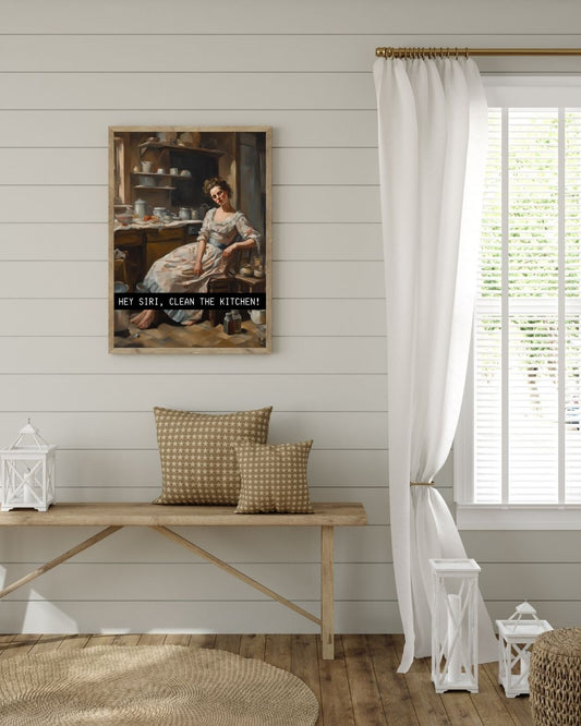 Klasik yağlıboya tarzı yorgun kadın figürü ve "Hey Siri" yazı bandı sanatsal baskı detay çekimi