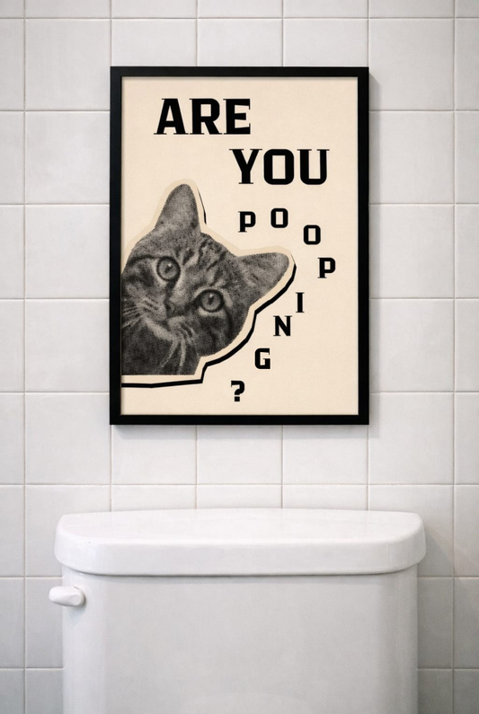 Beyaz banyo duvarında asılı, siyah çerçeveli "Are You Pooping?" yazılı komik kedi tablosu.