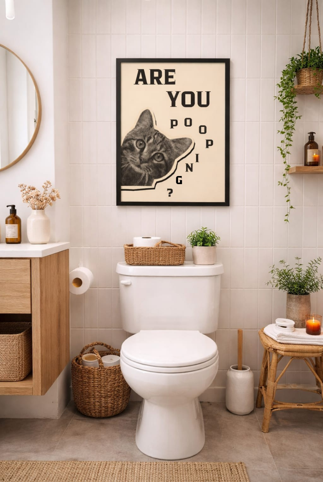 Klozet üzerinde, bitkiler ve sepetlerle dekore edilmiş bir banyoda sergilenen eğlenceli kedi tablosu.