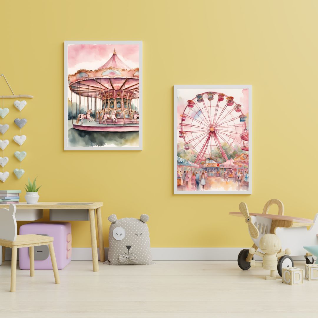 Çocuk odası için pembe tonlarında suluboya efektli atlıkarınca illüstrasyonu sanatsal baskı detayı