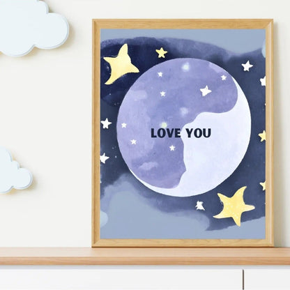 Lacivert ve sarı tonlarında suluboya efektli ay ve yıldız illüstrasyonu sanatsal detay çekimi