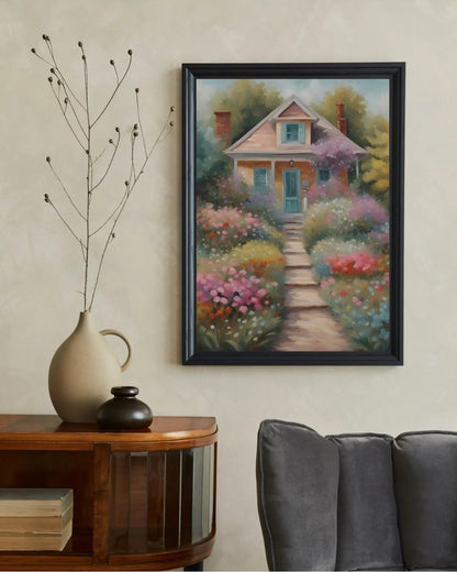 Modern salon dekorasyonu için çiçek bahçesi temalı 2'li çerçeveli tablo kullanım örneği