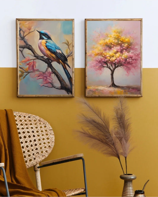 SÜMER Art Decoration empresyonist tarzda kuş ve çiçek açan ağaç temalı 2'li poster seti ana görseli