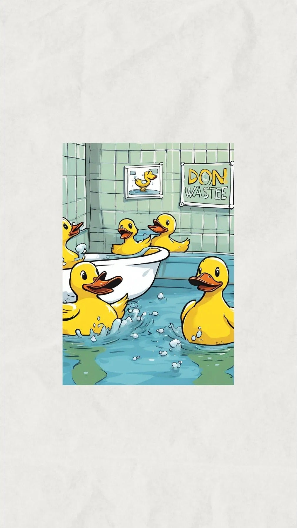 Renkli sarı ördek illüstrasyonları ve esprili banyo tabelası yazı detayı