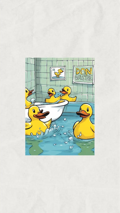 Renkli sarı ördek illüstrasyonları ve esprili banyo tabelası yazı detayı