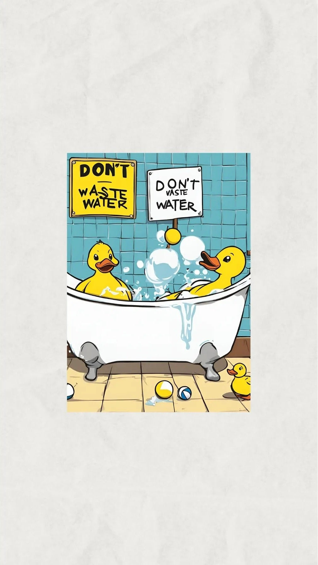 Renkli sarı ördek illüstrasyonları, banyo köpükleri ve "Don't waste water" yazılı tabelalar detay çekimi