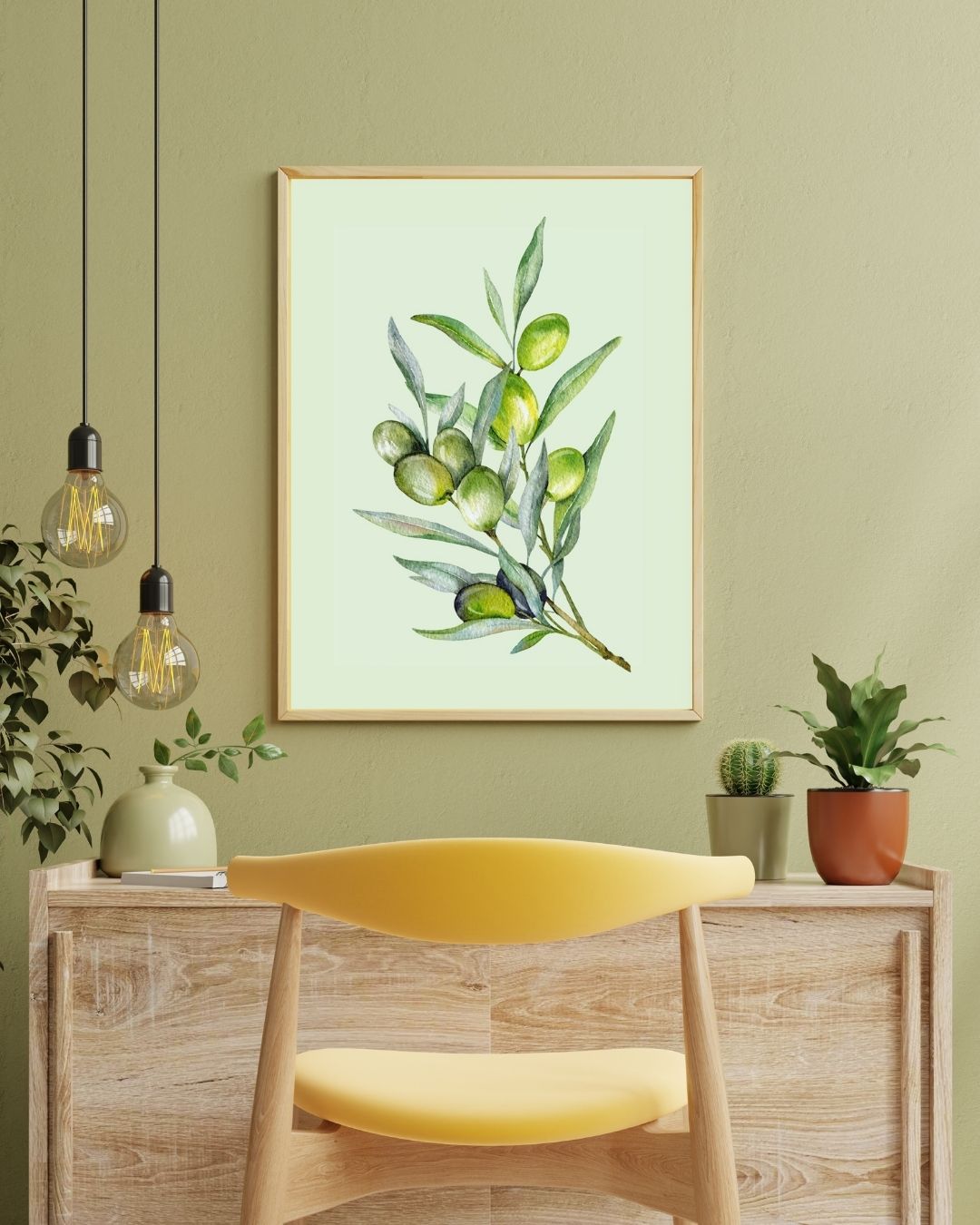 Suluboya efektli yeşil zeytin dalı illüstrasyonu sanatsal baskı detay çekimi