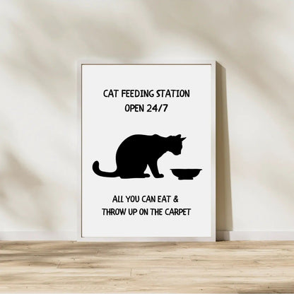 SÜMER Art Decoration "Cat feeding station open 24/7" yazılı esprili kedi mama köşesi posteri