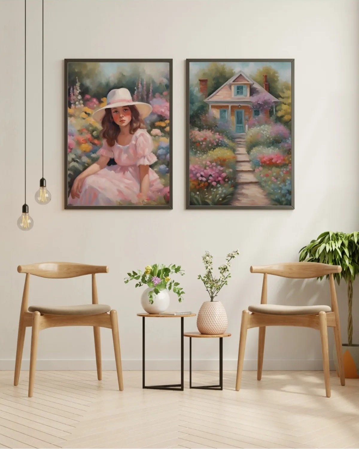 SÜMER Art Decoration Çiçek Bahçesi ve Şapkalı Kız 2'li dekoratif tablo seti ana görseli