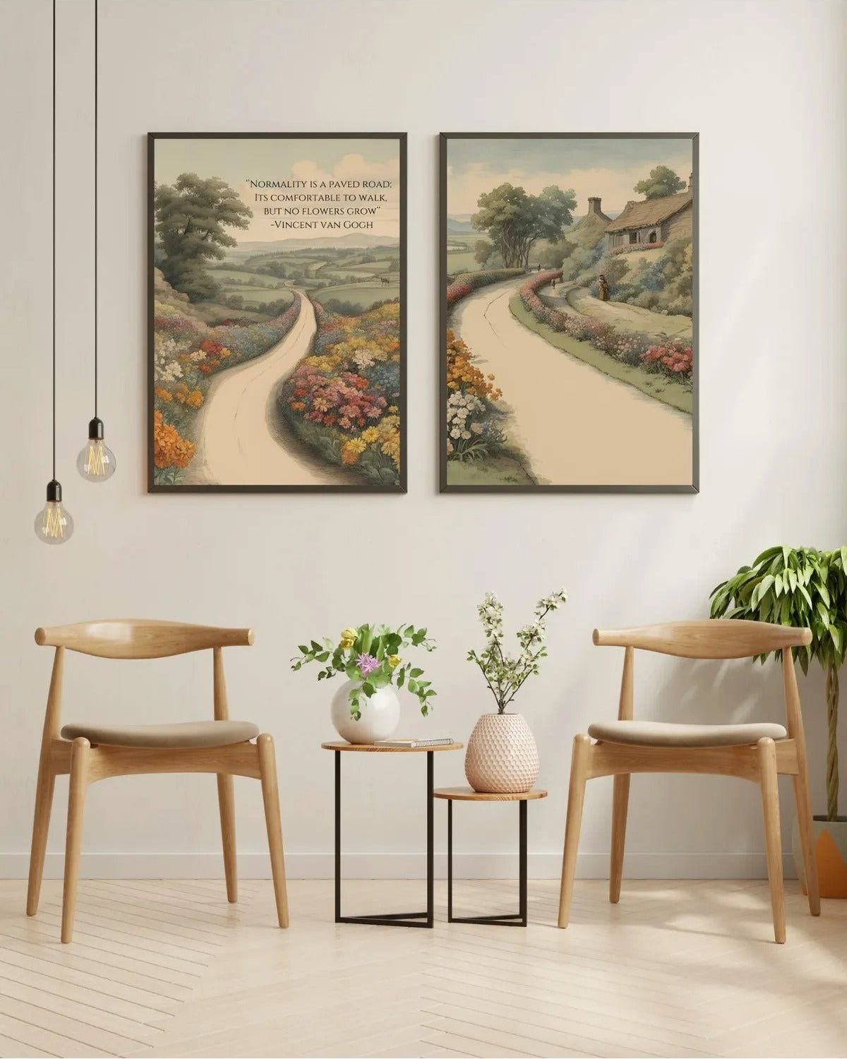 Van Gogh tarzı çiçekli yol illüstrasyonu ve motivasyonel söz detayı