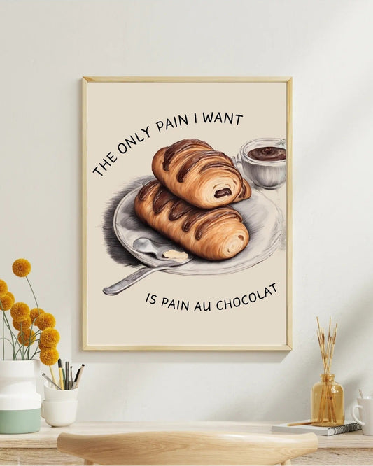 Sanatsal çikolatalı kruvasan çizimi ve gastronomi mizahı içeren poster detay çekimi