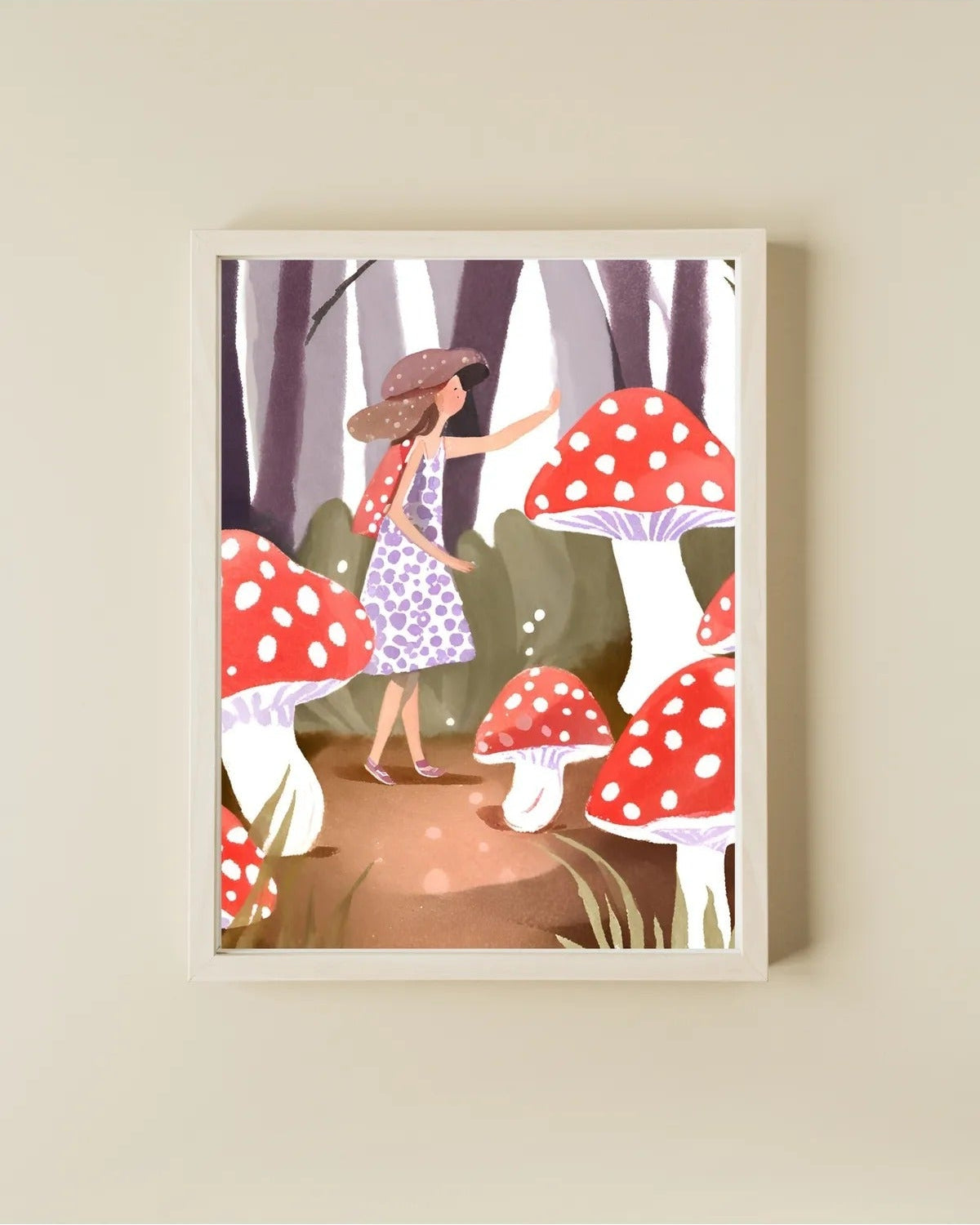 Çocuk odası için kırmızı beyaz benekli mantar illüstrasyonu sanatsal baskı detay çekimi