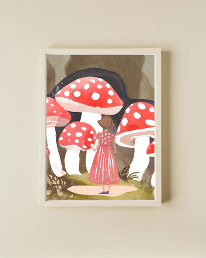 Dev kırmızı mantarlar arasında duran kız illüstrasyonu sanatsal baskı detay çekimi