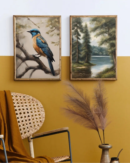 SÜMER Art Decoration empresyonist tarzda kuş ve orman nehir manzaralı 2'li poster seti ana görseli
