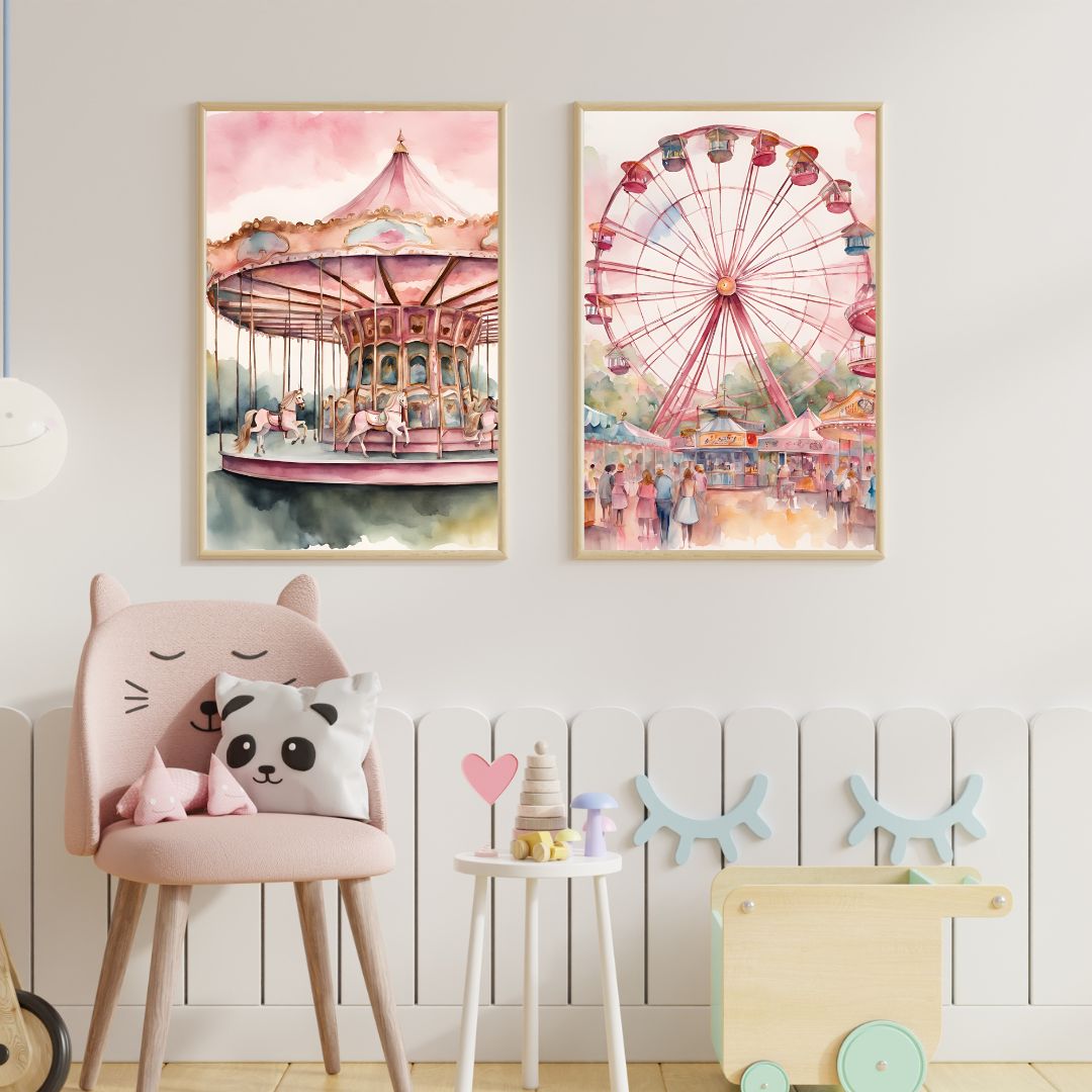 Modern bebek odası dekorasyonu için masalsı dönme dolap temalı çerçeveli tablo kullanım örneği