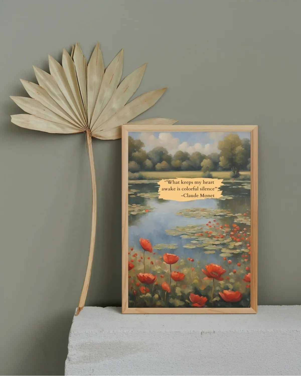 Kırmızı gelincikler, gölet illüstrasyonu ve Claude Monet sanatsal söz detayı çekimi