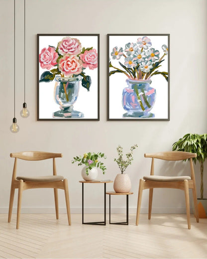 Sanatsal fırça darbeleriyle hazırlanmış gül ve papatya illüstrasyonları detay çekimi