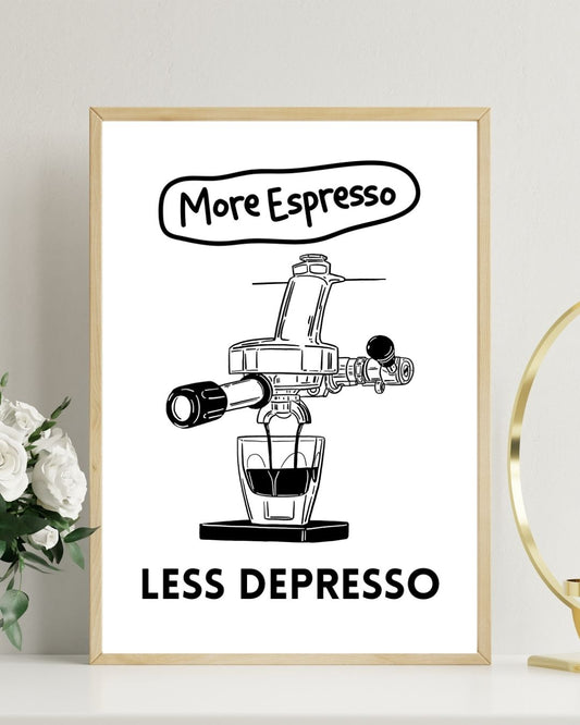 Espresso makinesi çizimi ve motivasyonel kahve sözü içeren poster detay çekimi
