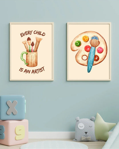 SÜMER Art Decoration suluboya tarzı fırçalar ve palet temalı 2'li çocuk odası poster seti