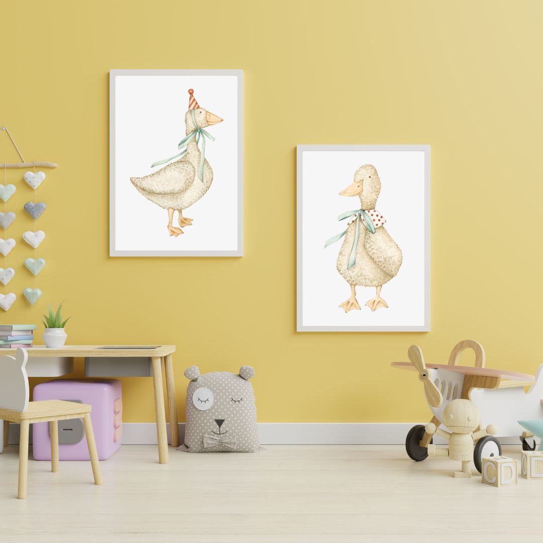 Bebek odası için fiyonklu ve şapkalı sevimli ördek illüstrasyonu sanatsal baskı detay çekimi