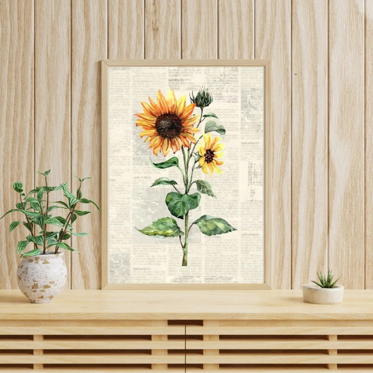 Vintage gazete sayfası üzerinde ayçiçeği illüstrasyonu detay çekimi